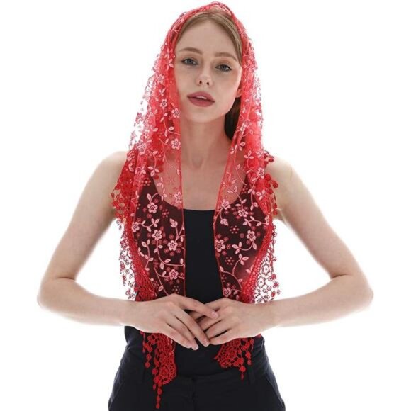 Triangle Lace Mantilla Veil Tulle Scarf Red - Picture 3 of 6
